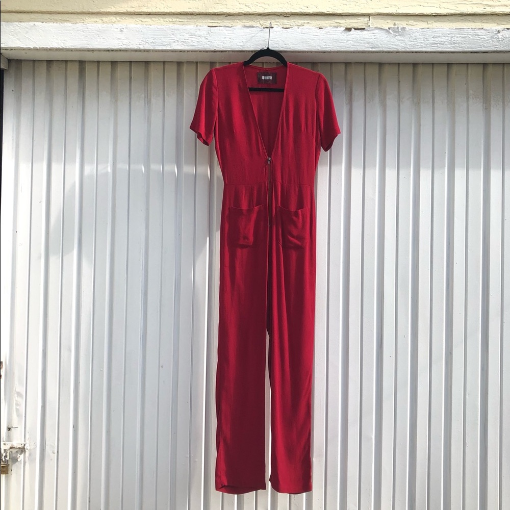 Reformation red zip up short sleeve jumpsuit